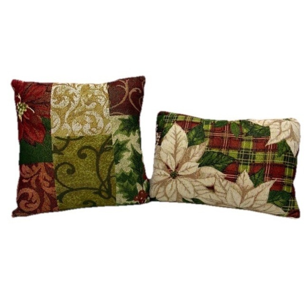 Christmas Throw Pillows Set of 2 Woven Tapestry Poinsettia Plaid Burgundy Rust